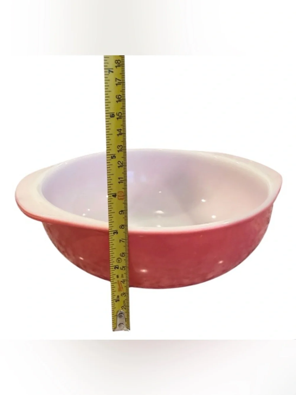 Pyrex Flamingo Pink 024 vintage casserole dish features with tab handles